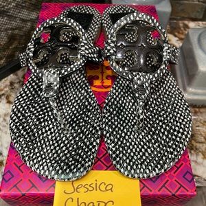 Tory Burch Miller Polka Dot Snake Print Metal Logo Sandal